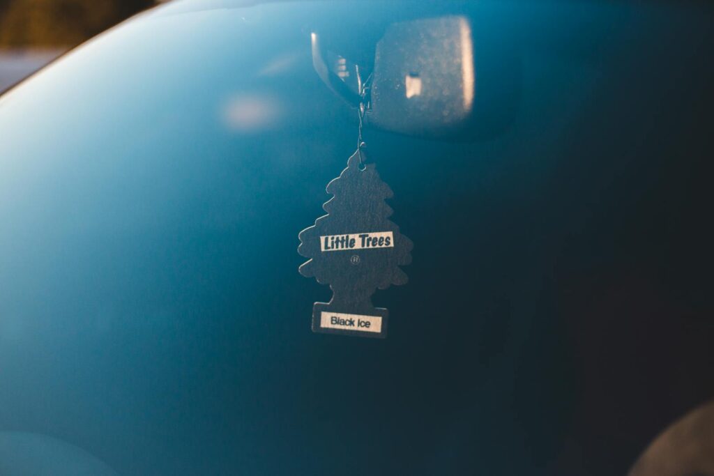 The Best Car Air Freshener for a Fresh-Smelling Ride 2 Close-up of Little Trees air freshener in a car with a serene background.