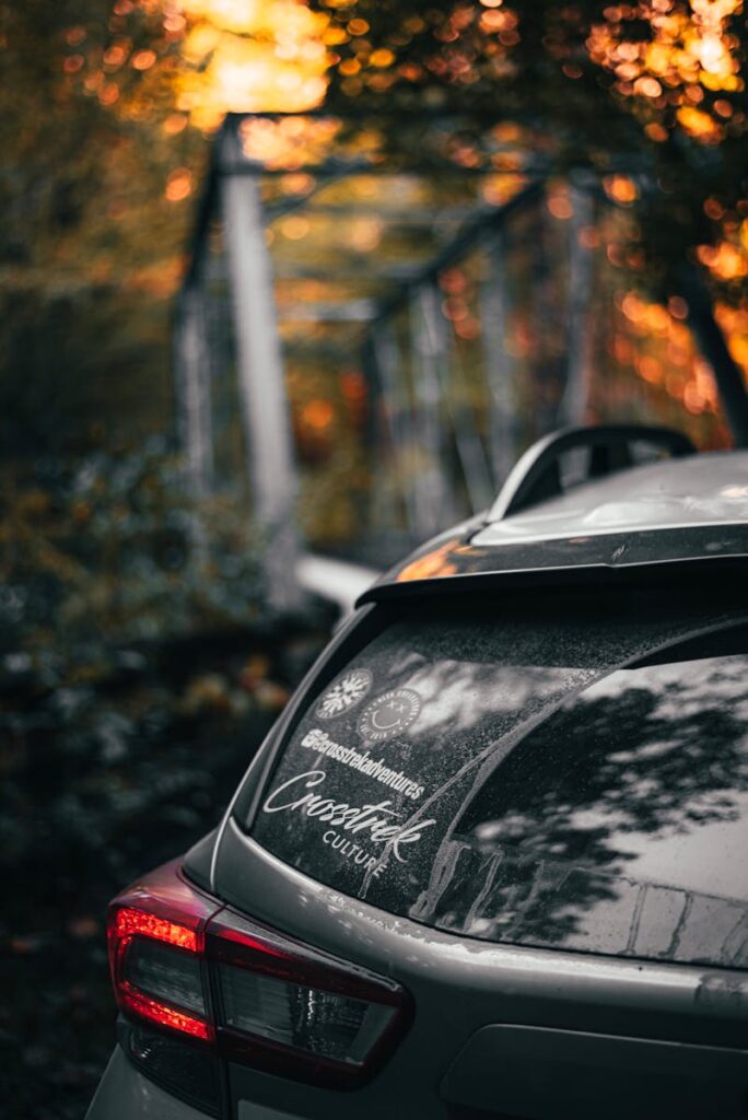 Rear view of a car by a bridge in a forest setting during sunset.