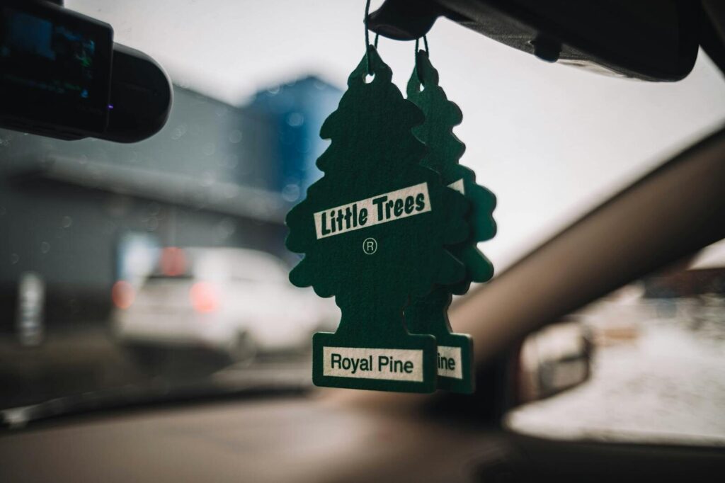 The Best Car Air Freshener for a Fresh-Smelling Ride 1 Green tree-shaped air freshener hanging from car mirror, depicting 'Royal Pine' scent.