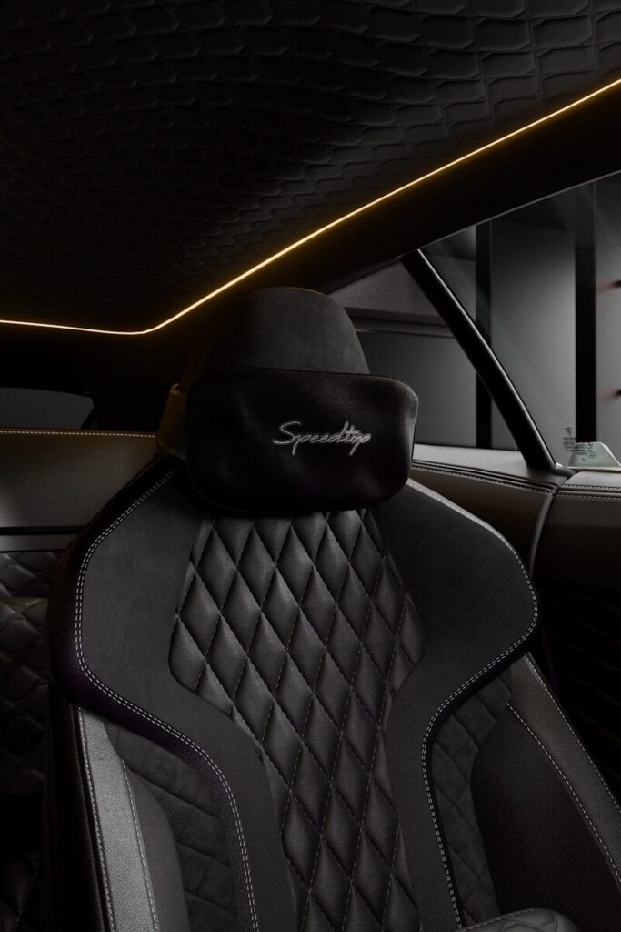 Luxurious car interior with quilted leather seats.